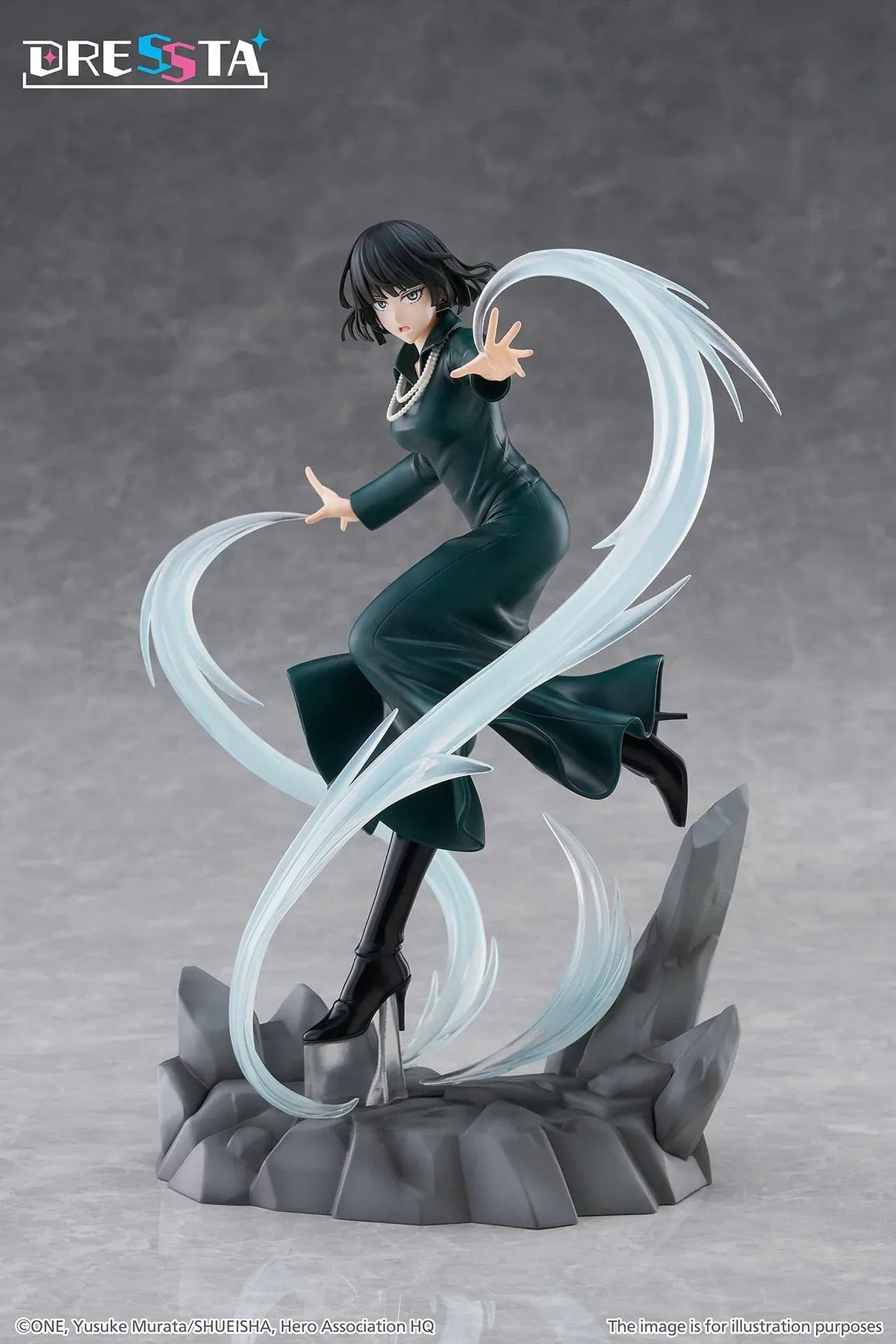 Hellish Blizzard Dressta figure in a flowing dark green dress surrounded by translucent psychic energy effects on a rocky base.