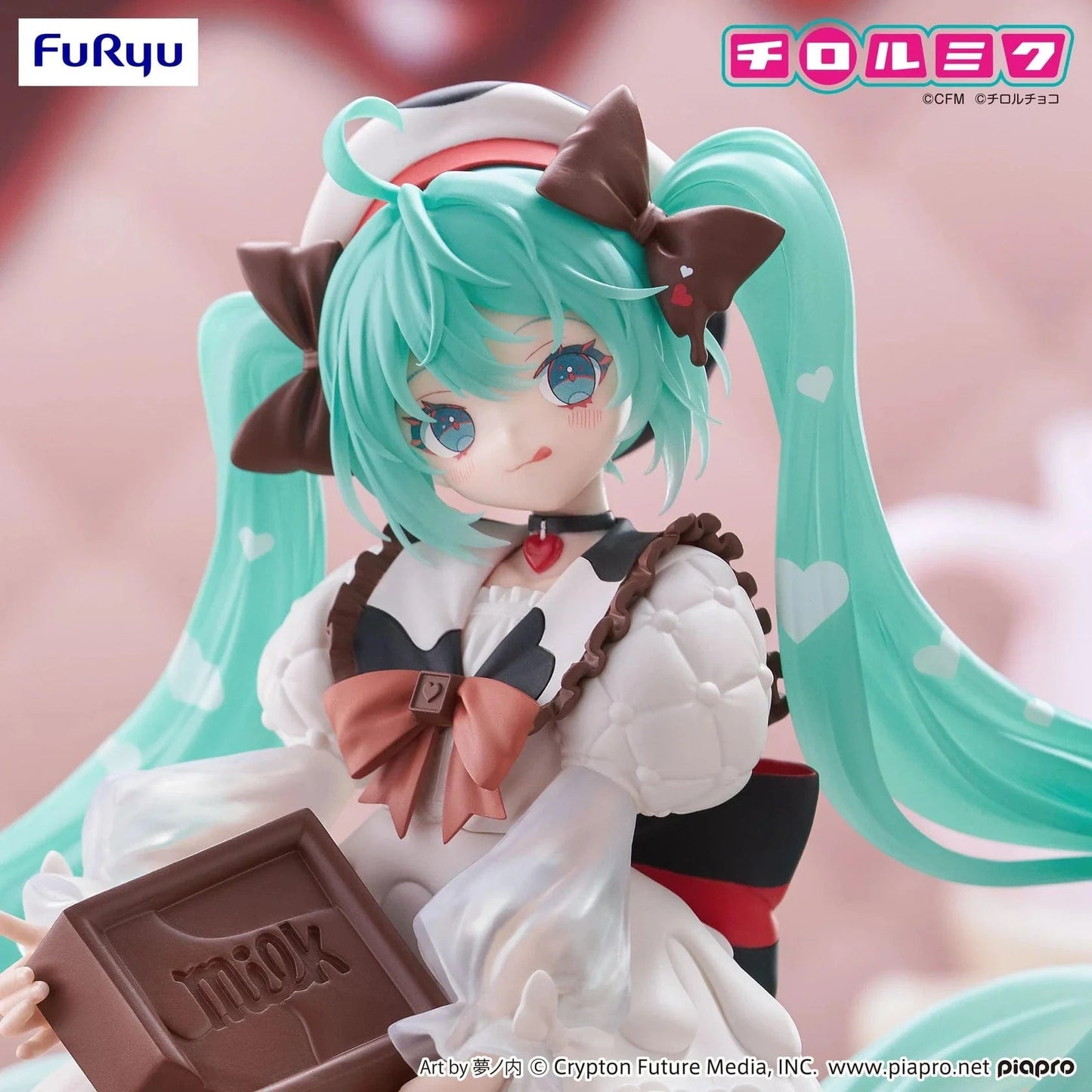 Hatsune Miku x TIROL CHOCO Trio-Try-iT Milk Ver. Figure in chocolate-themed maid outfit holding TIROL block