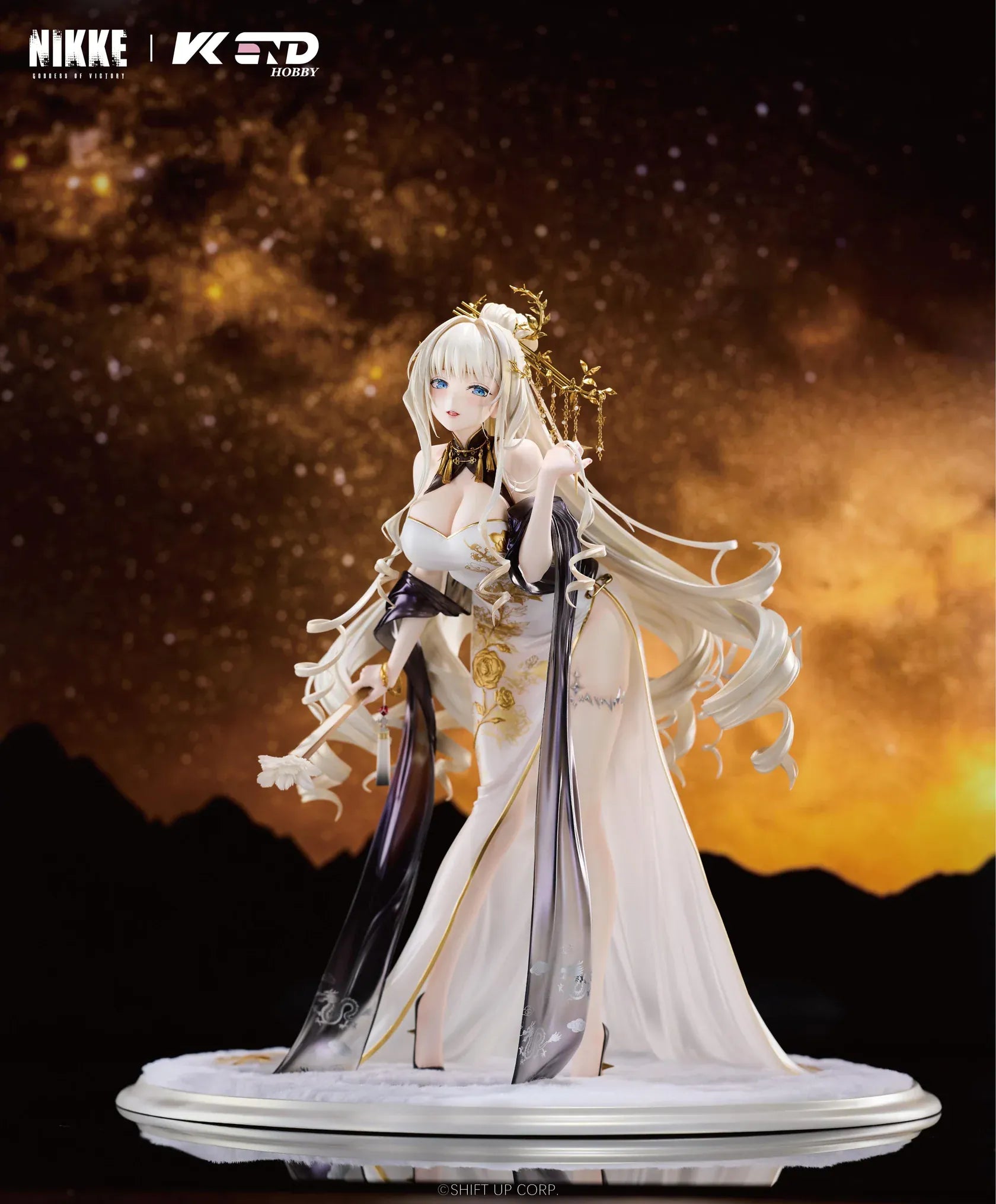 GODDESS OF VICTORY NIKKE Crown Glorious Flower 1/4 Scale Figure in an elegant white black and gold floral outfit