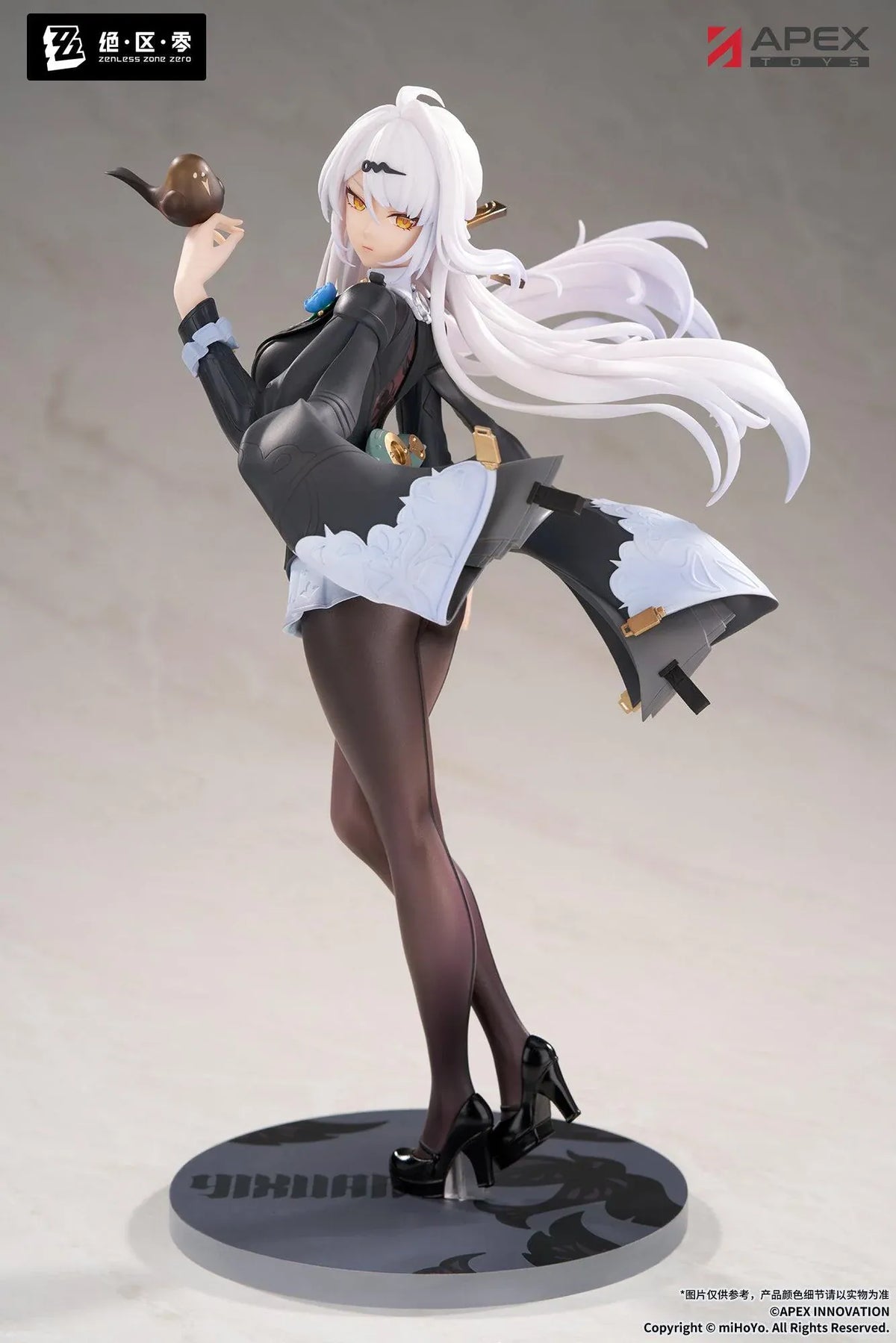 Zenless Zone Zero Limepie Yixuan Trails of Ink Ver. 1/8 Scale Figure by APEX Toys featuring a white-haired anime woman with golden eyes wearing a black outfit with white embroidered accents, sheer stockings, and black heels while holding a small brown bird on a circular display base.