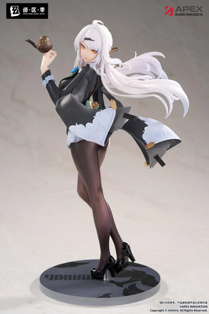 Zenless Zone Zero Limepie Yixuan Trails of Ink Ver. 1/8 Scale Figure by APEX Toys featuring a white-haired anime woman with golden eyes wearing a black outfit with white embroidered accents, sheer stockings, and black heels while holding a small brown bird on a circular display base.