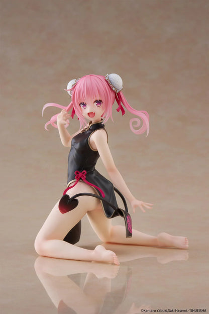 To Love-Ru Darkness Desktop Cute Nana (Chinese Dress Ver.) Figure featuring Nana Astar Deviluke in a black and red cheongsam with twin tails and heart-shaped tail design.