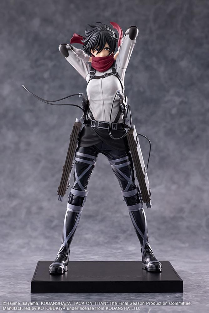 Attack on Titan Oshi Works Mikasa Ackerman The Final Season figure featuring Mikasa in her Survey Corps uniform adjusting her signature red scarf with detailed ODM gear