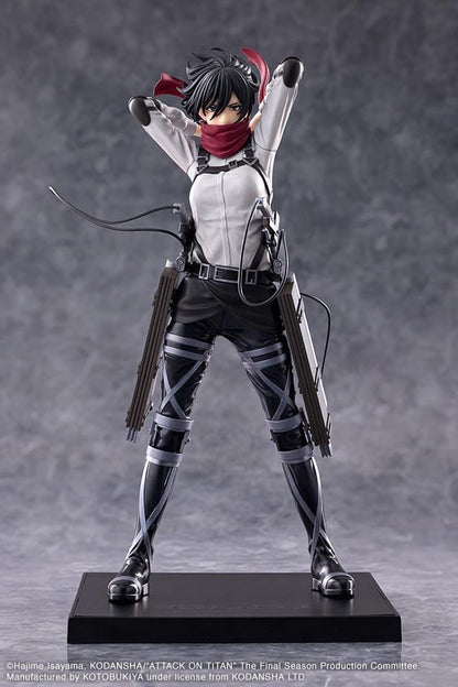 Attack on Titan Oshi Works Mikasa Ackerman The Final Season figure featuring Mikasa in her Survey Corps uniform adjusting her signature red scarf with detailed ODM gear