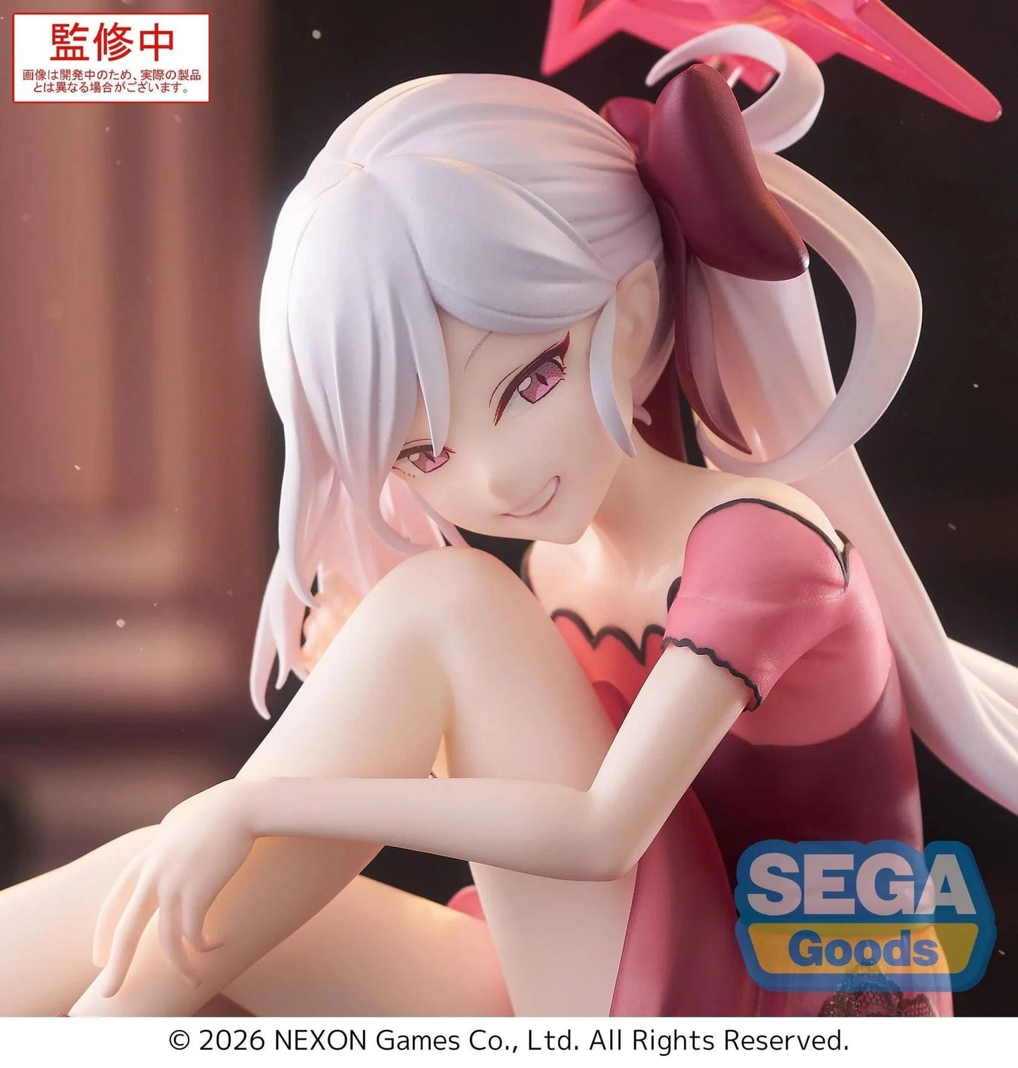 Blue Archive Yumemirize Mutsuki figure sitting in red dress with silver hair and playful expression