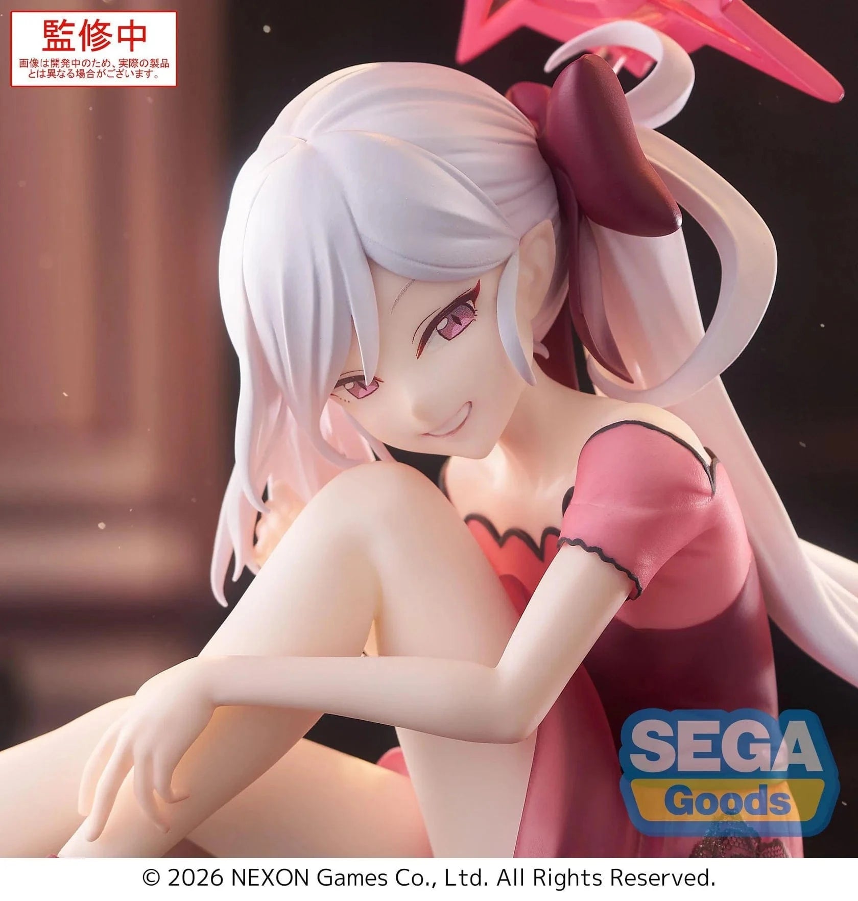 Blue Archive Yumemirize Mutsuki figure sitting in red dress with silver hair and playful expression