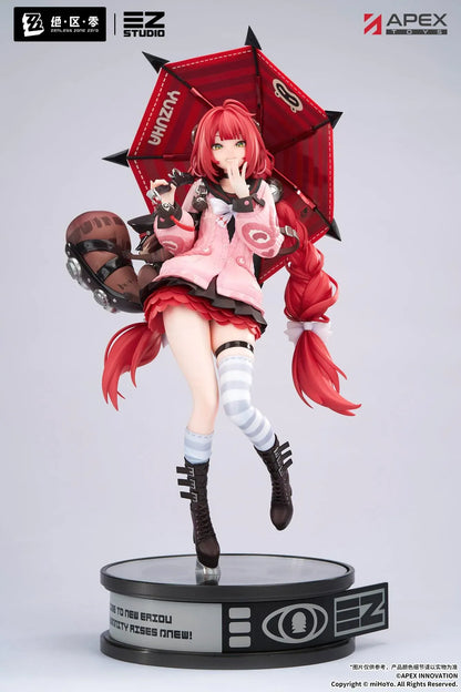 Zenless Zone Zero Yuzuha Ukinami 1/7 Scale Figure by APEX Toys featuring a red-haired anime girl with long braided twin-tails, green eyes, a pink jacket, layered red skirt, striped thigh-high stockings, and black boots while holding a large red umbrella on a circular display base.