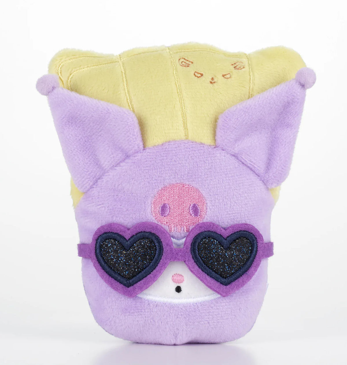 Kawaii YumYum MART DINER Kuromi POTATE plushie featuring golden potato-inspired details, a purple container, pointed ears, and heart-shaped sunglasses.