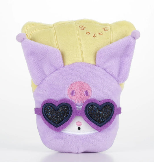 Kawaii YumYum MART DINER Kuromi POTATE plushie featuring golden potato-inspired details, a purple container, pointed ears, and heart-shaped sunglasses.