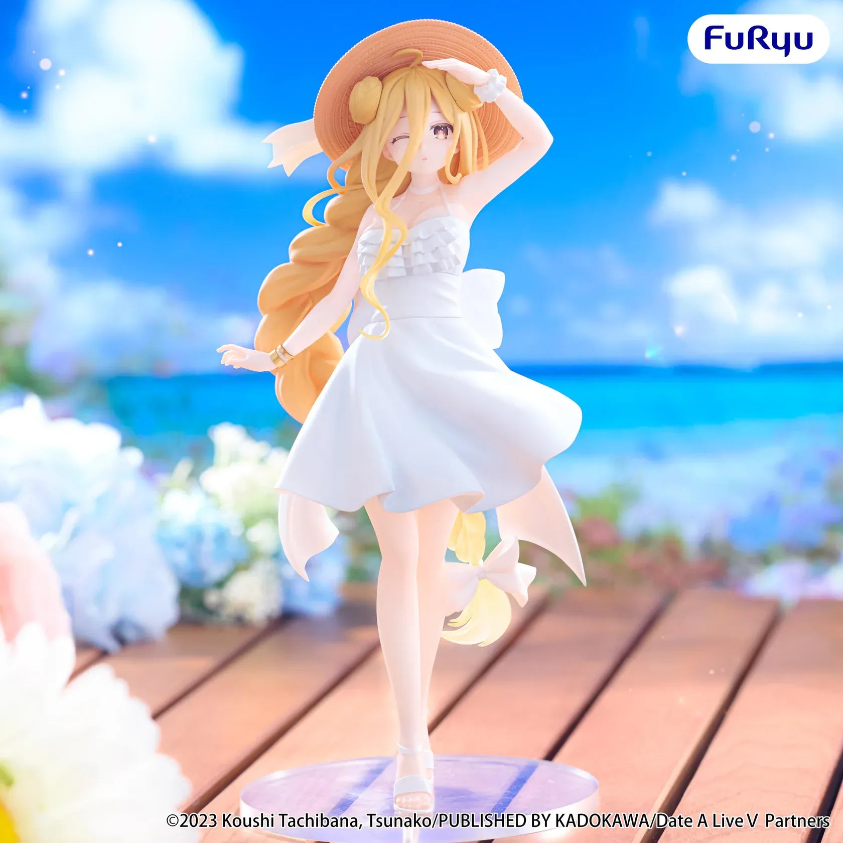 Date A Live V Mukuro Hoshimiya Summer Dress figure wearing a flowing white dress, wide-brimmed sun hat, and sandals with long golden-blonde hair