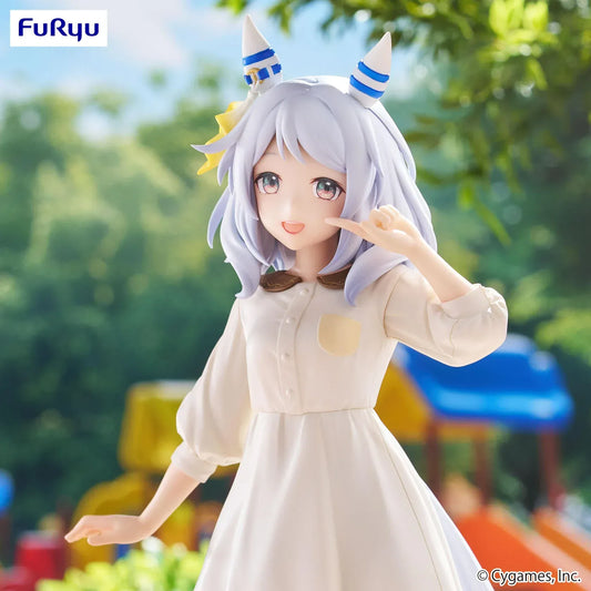 Trio-Try-iT Hishi Miracle figure from Uma Musume: Pretty Derby in a cream tunic and blue pants, smiling and posing in a casual park scene.