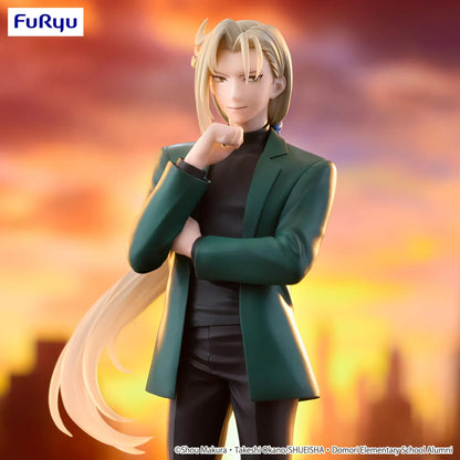 Anime figure of Kyosuke Tamamo from Hell Teacher: Jigoku Sensei Nube standing confidently in a green blazer with long blond hair against a fiery sunset city backdrop.