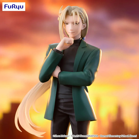 Anime figure of Kyosuke Tamamo from Hell Teacher: Jigoku Sensei Nube standing confidently in a green blazer with long blond hair against a fiery sunset city backdrop.