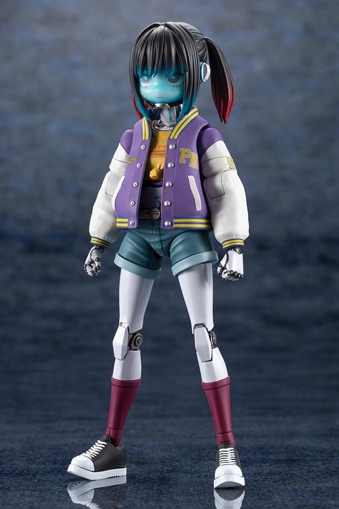 Milky Subway The Galactic Limited Express Makina Model Kit Figure featuring a robotic anime girl with black twin-tail hair, a blue-tinted face, a purple varsity jacket with white sleeves, denim shorts, mechanical arms and legs, burgundy socks, and black-and-white sneakers.