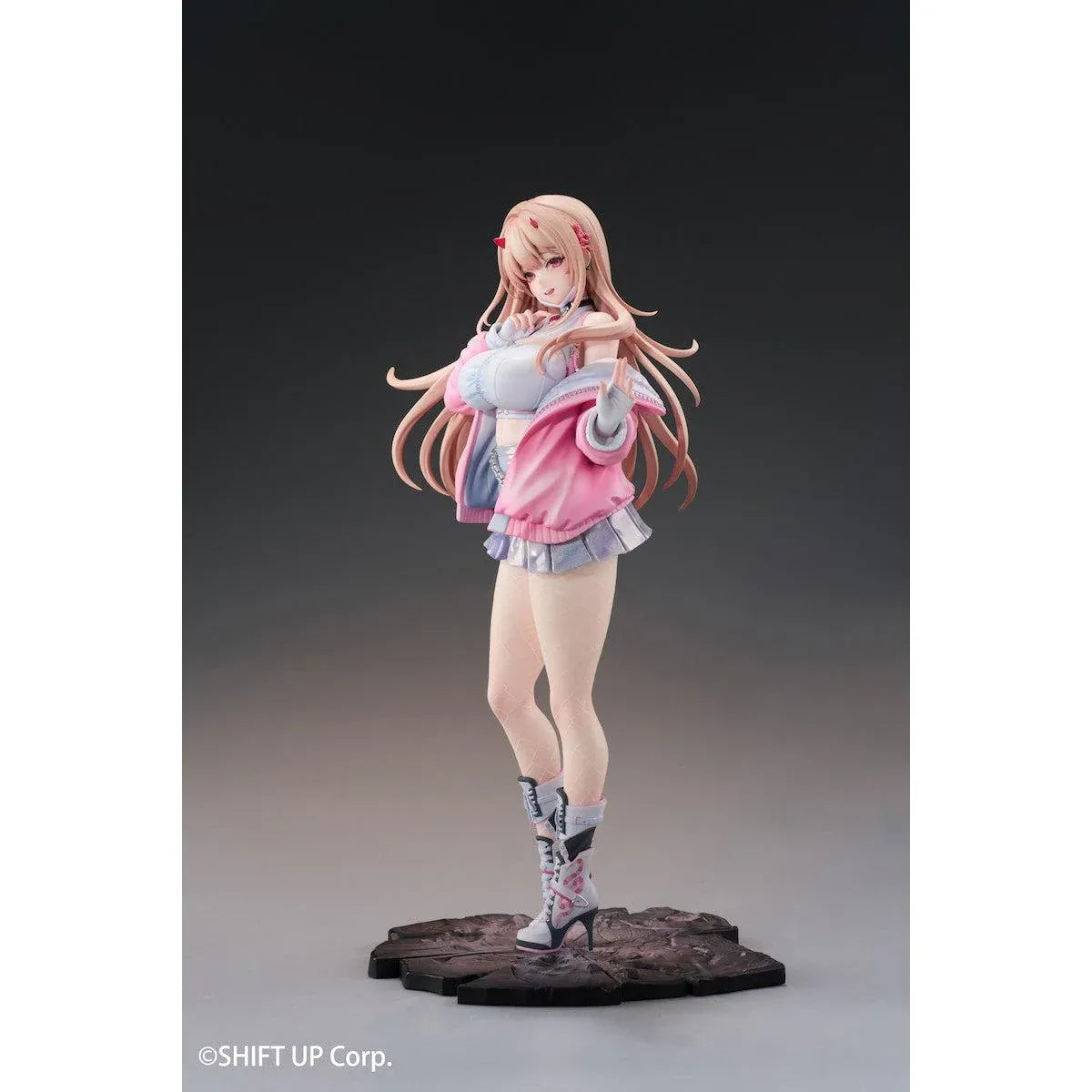 Viper Deluxe Edition 1/7 scale figure from Goddess of Victory Nikke wearing a pink jacket and stylish outfit with an illustrated wall scroll.