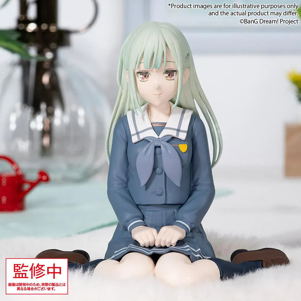 BanG Dream Ave Mujica Mutsumi Wakaba Uniform Ver. Premium Figure featuring Mutsumi seated in a blue school uniform with long mint-green hair and a soft expression.