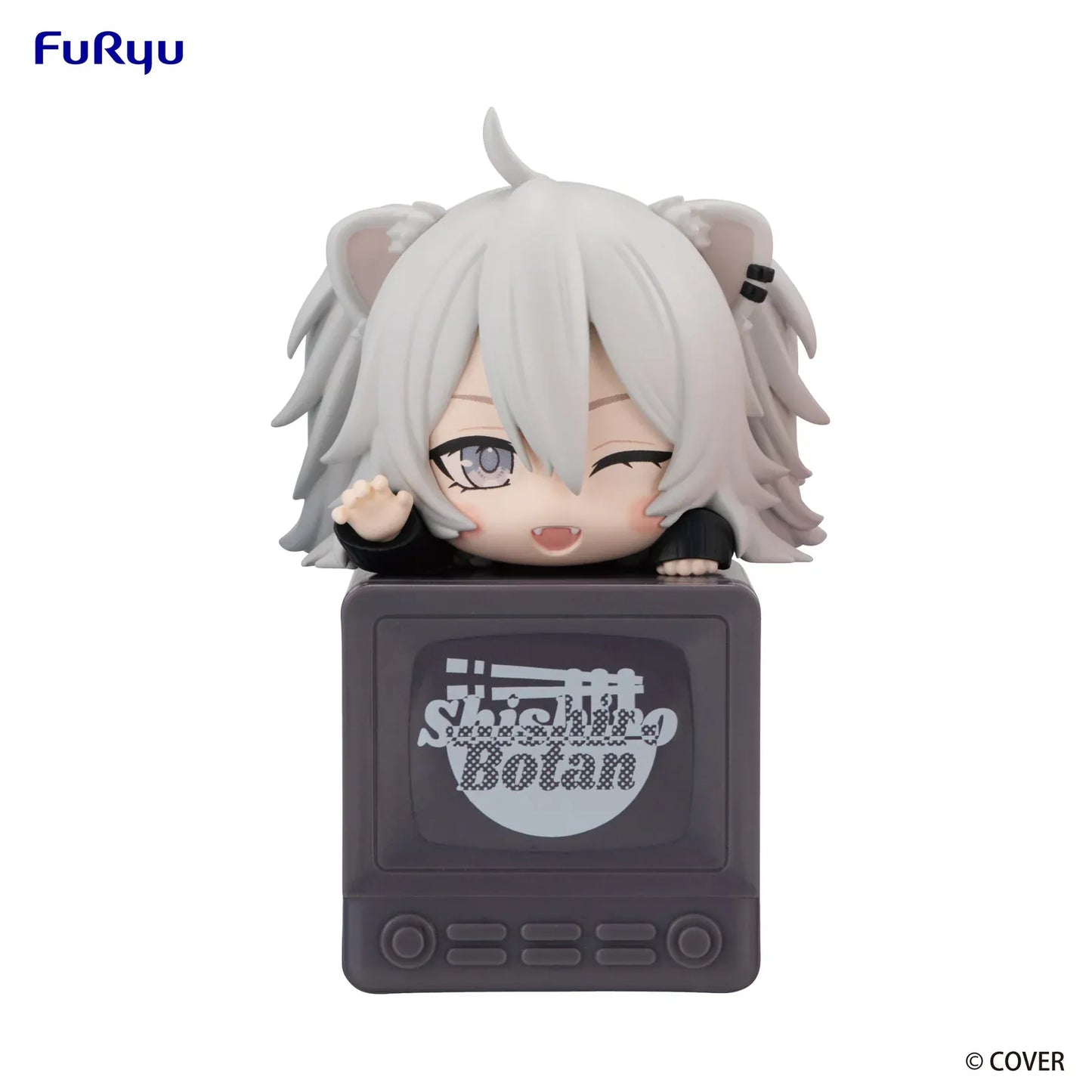hololive production Hikkake Shishiro Botan figure featuring silver hair, lion ears, a winking expression, and a miniature display block