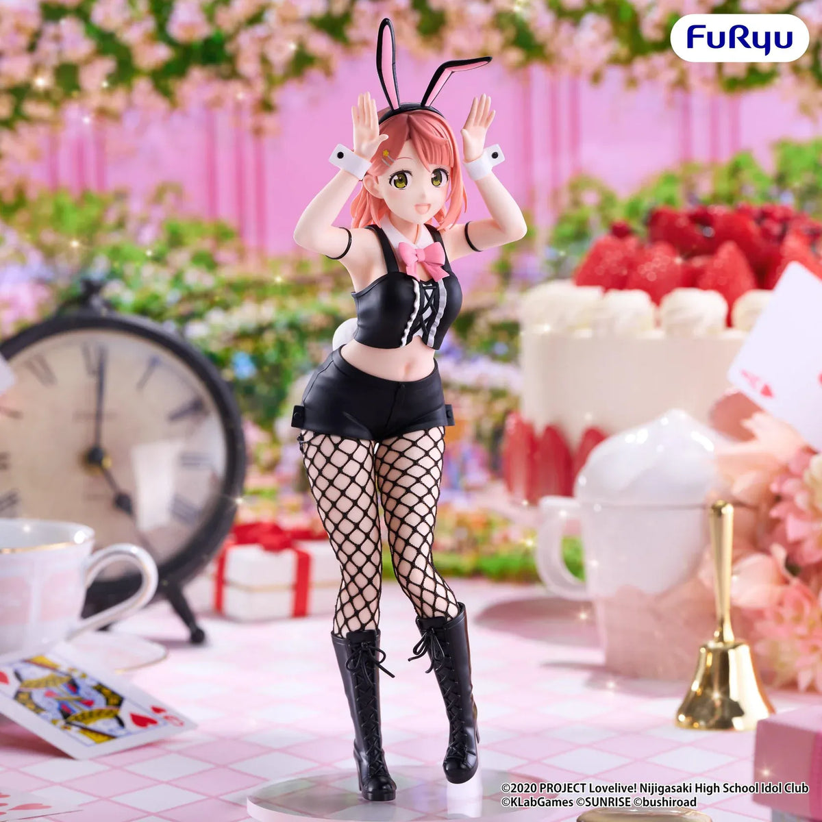 Ayumu Uehara BiCute Bunnies figure with reddish-pink hair, black bunny ears, a pink bow, patterned stockings, and tall black boots.