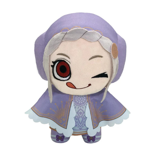 Street Fighter 6 Ingrid chibi plush featuring a lavender hooded outfit, silver hair, and playful winking embroidered face
