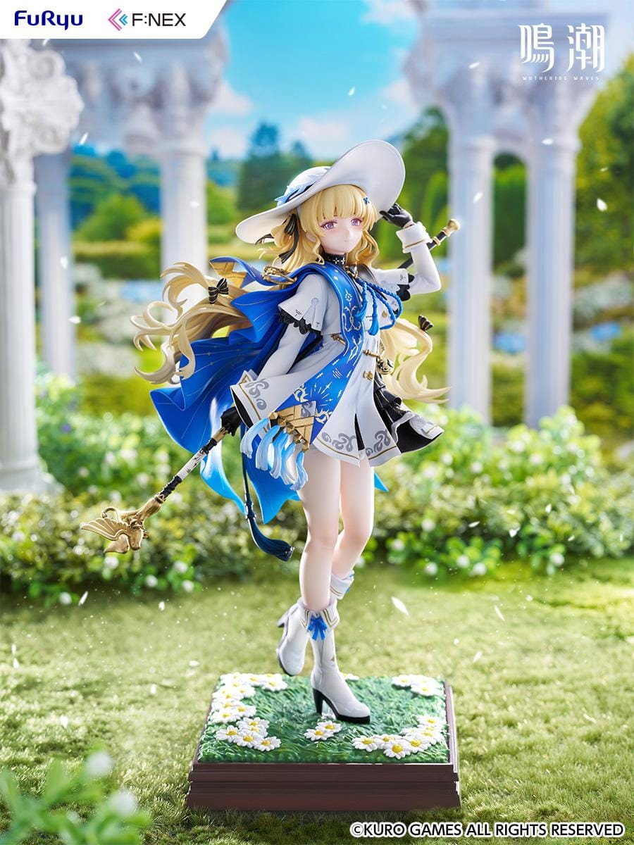 Wuthering Waves Phoebe 1/7 scale figure by FuRyu F:NEX featuring blue and white outfit with staff on floral garden base