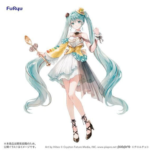 Promotional illustration of Hatsune Miku’s Coffee Nougat Another Color design, featuring a white dress, yellow waist bow and miniature hat, turquoise twin tails, and spoon.