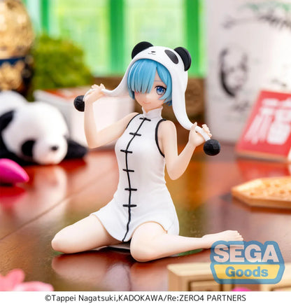 Re Zero Rem panda themed figure seated wearing white dress and panda hat