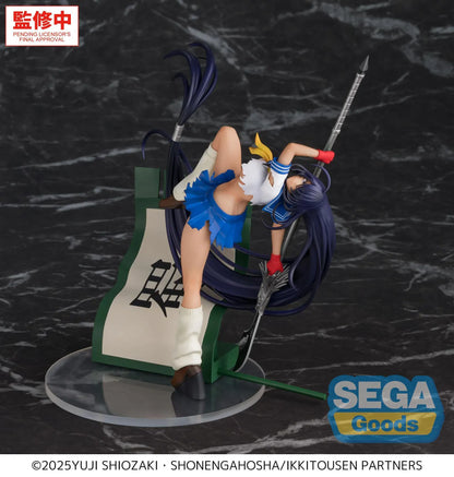 XStellar Unchou Kan'u figure in an acrobatic pose with long purple hair, a silver-bladed polearm, and a torn blue and white sailor outfit.