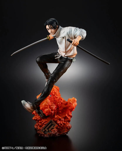 Jujutsu Kaisen Yuta Okkotsu The Culling Game figure in an airborne sword pose, wearing a white jacket and black trousers above an orange effect base.