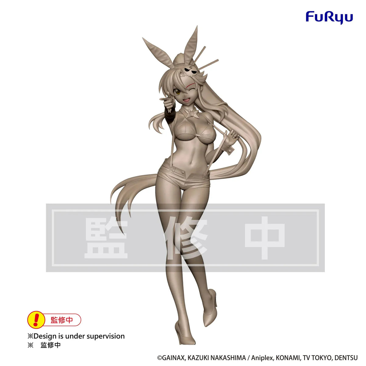 Prototype of Yoko’s BiCute Bunnies figure with bunny ears, flowing hair, a skull hair accessory, suspenders, and a winking finger-pointing pose.