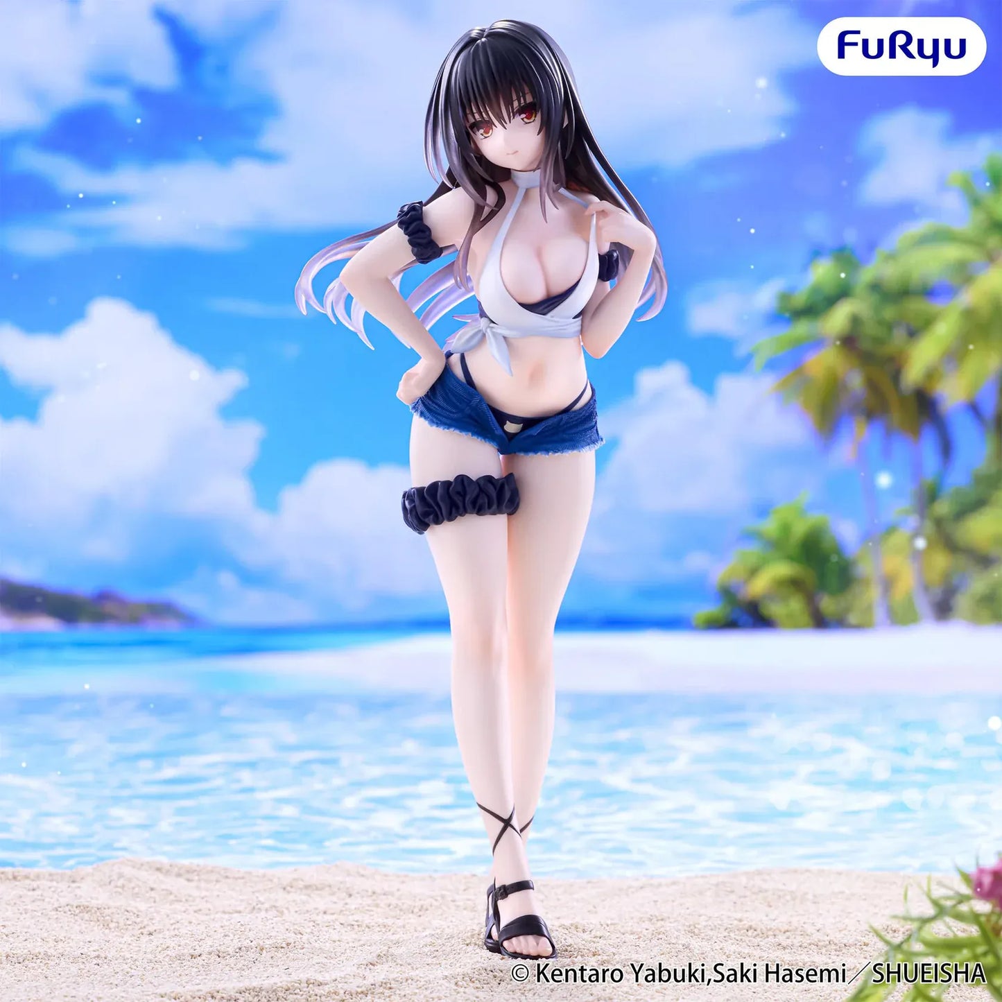 To Love-Ru Darkness Trio-Try-iT Yui Kotegawa Figure Rerelease in beach outfit with white tied top, denim-style shorts, and seaside pose