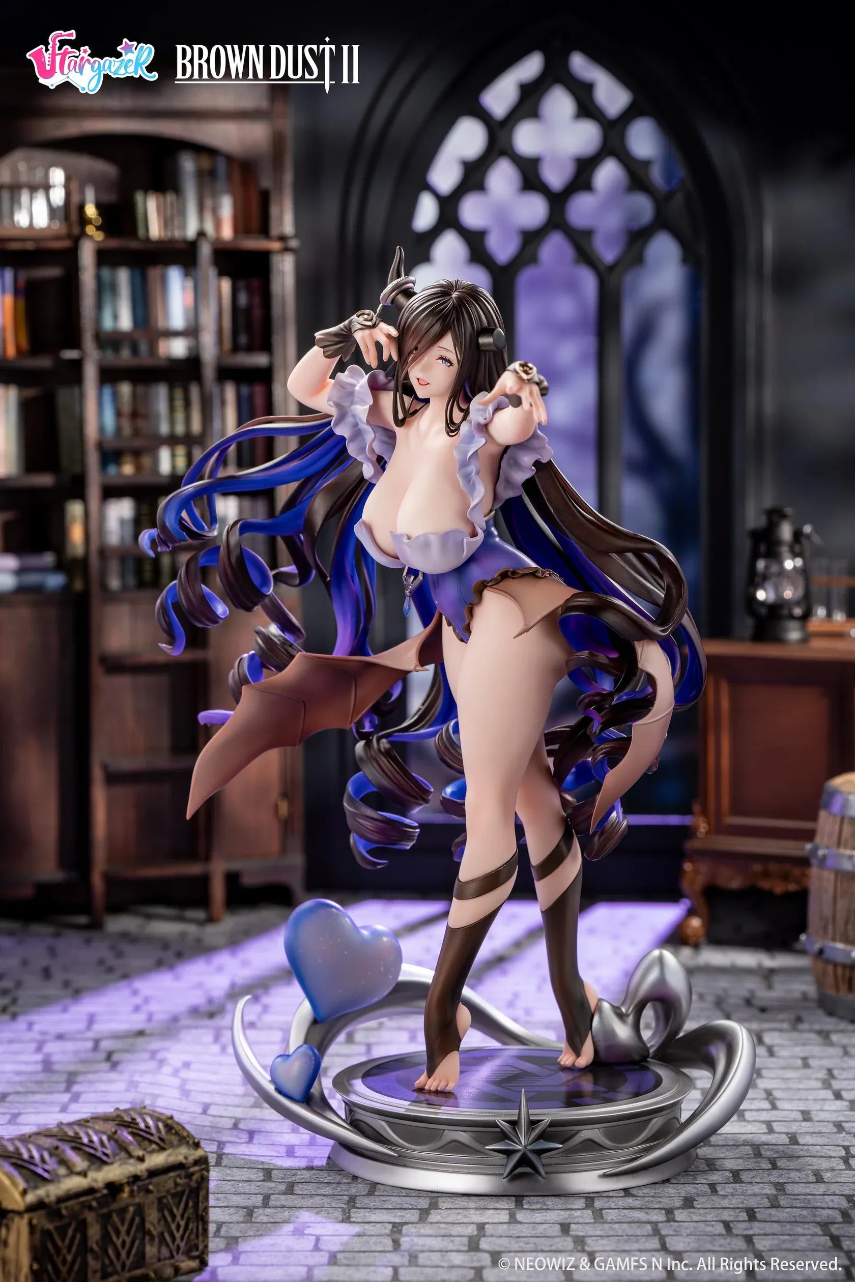 Brown Dust 2 Dimension Witch Eclipse Ver. 1/6 Scale Figure featuring Eclipse with long flowing dark hair, bat wing details, fantasy outfit, heart effect parts, and themed display base.
