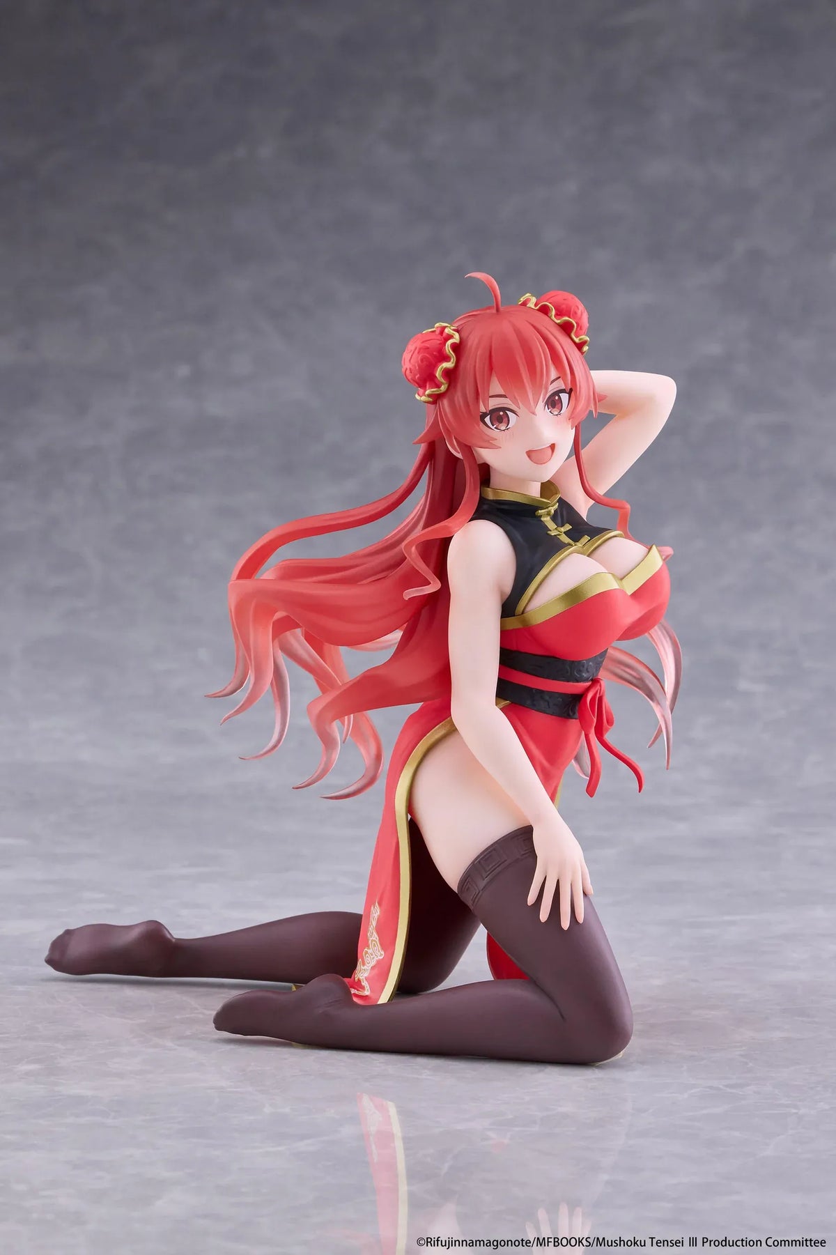 Mushoku Tensei Jobless Reincarnation Desktop Cute Eris Boreas Greyrat Chinese Dress Ver. Figure featuring long flowing red hair, red eyes, decorative twin buns, a red and black Chinese-inspired dress with gold accents, and dark thigh-high stockings in a playful kneeling pose.