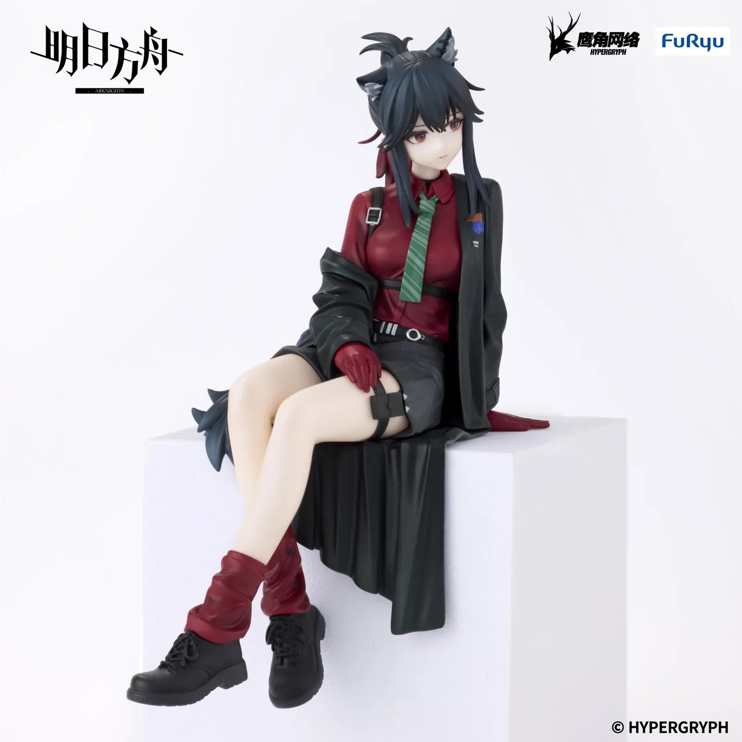 Arknights Texas Will Ver Noodle Stopper Figure featuring Texas seated in a red shirt, green tie, black skirt, oversized jacket, and red boots