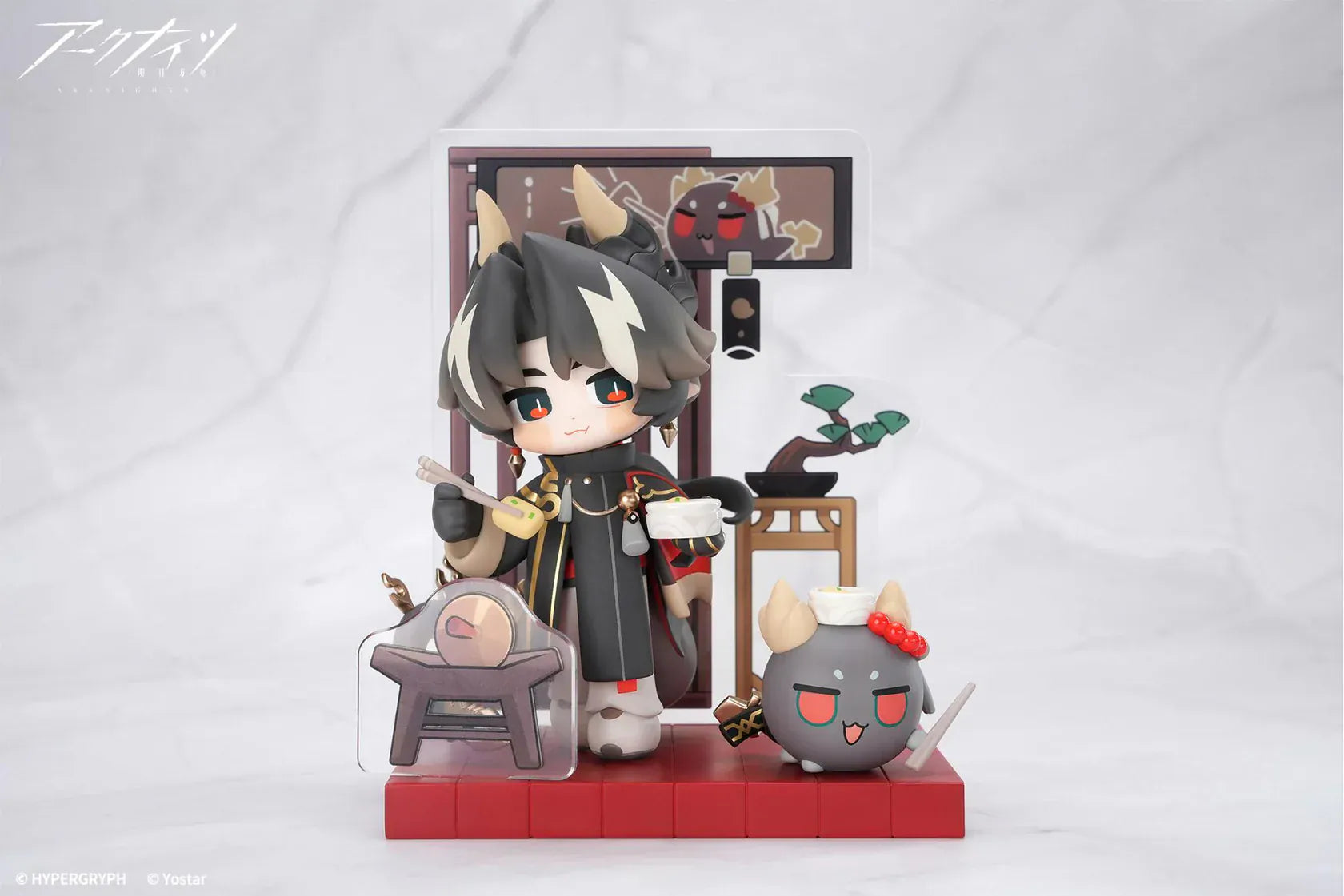 Arknights Cuties Series Chongyue chibi figure with themed dining accessories and decorative display base