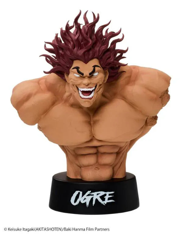 Baki The Grappler Taito Kuji Yujiro Bust Figure featuring Yujiro Hanma with muscular sculpting, wild red hair, fierce grin, and black OGRE display base.