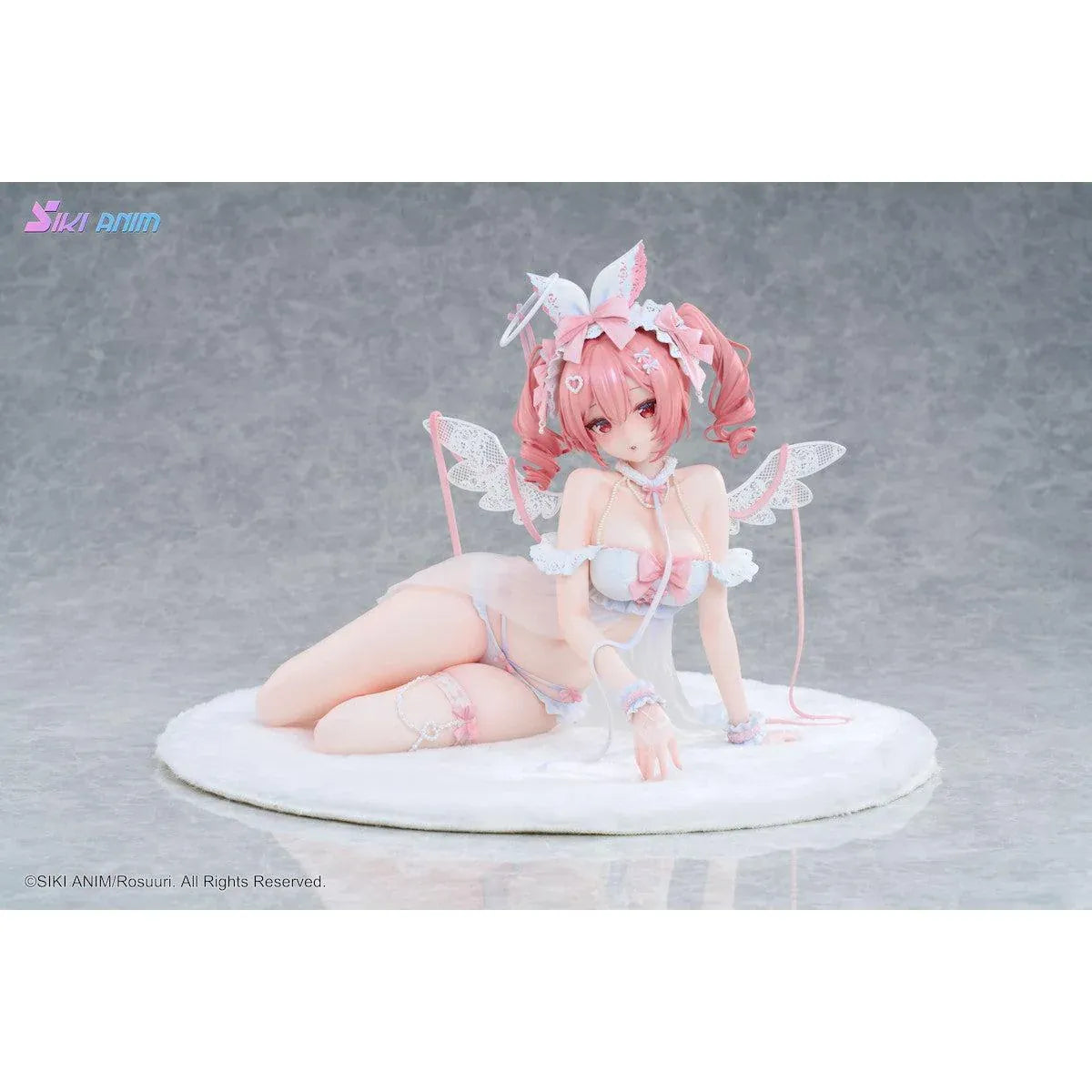 White Rabbit Rosu Angel Ver. Bonus Edition 1/4 Scale Figure illustrated by Rosuuri, featuring a pink-haired bunny girl with white rabbit ears, delicate angel wings, and a frilly white and pink outfit reclining on a fluffy display base.
