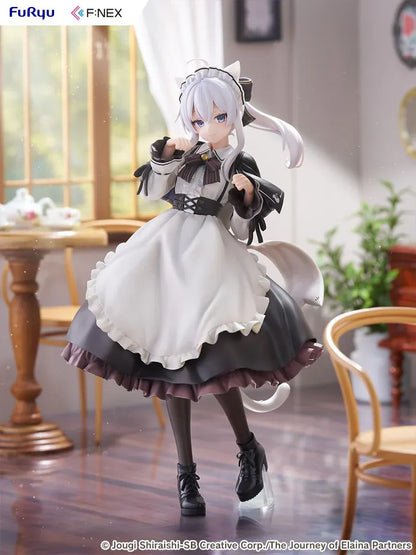 Elaina maid costume with cat ears scale figure from Wandering Witch, standing in a pawing pose with frilled monochrome dress and flowing twin-tail hair.
