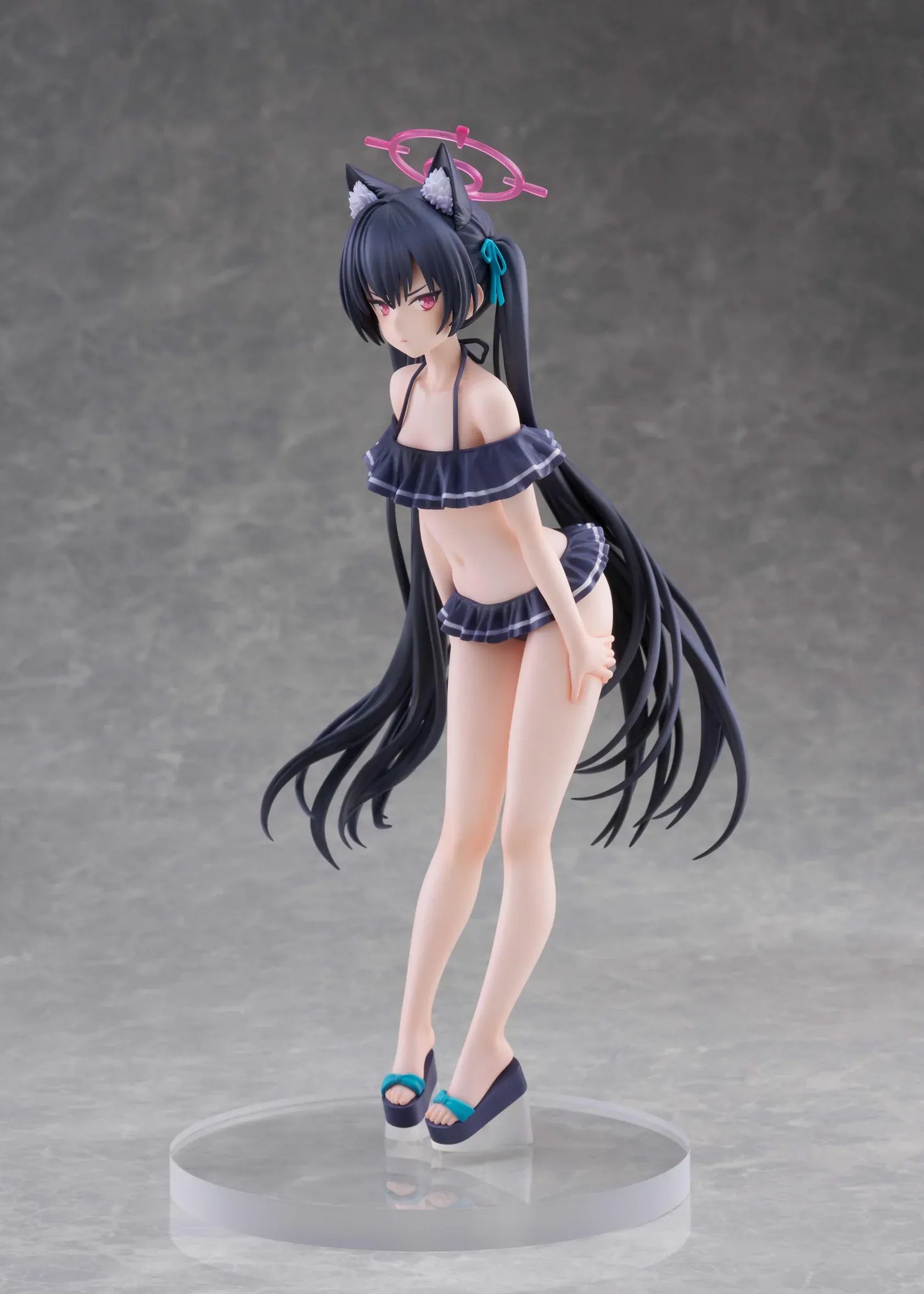 Blue Archive Serika Swimsuit 1/7 Scale Figure featuring Serika with long black hair, cat ears, dark frilled swimsuit, pink halo, platform sandals, and display base.