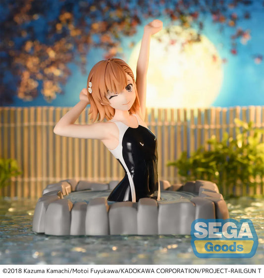 Mikoto Misaka Thermae Utopia figure from A Certain Scientific Railgun T standing in bath base wearing black swimsuit and winking.