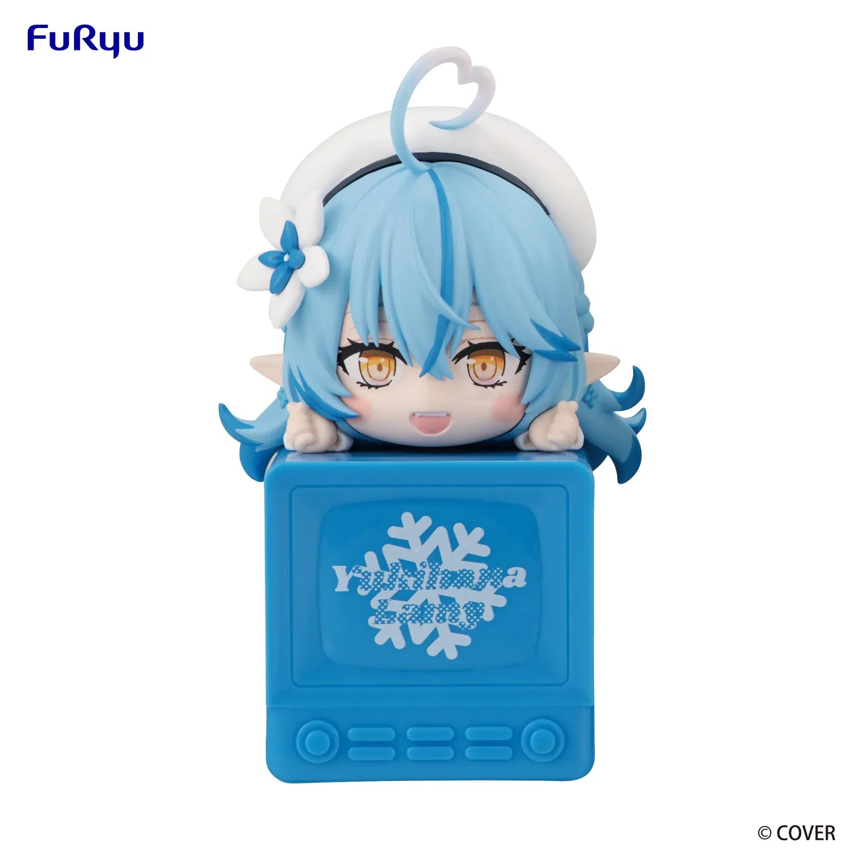 hololive production Hikkake Yukihana Lamy figure featuring blue hair, elf ears, white beret, and a blue display block