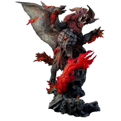 Monster Hunter Capcom Figure Builder Creator's Model Teostra (Rerelease) featuring a fearsome Elder Dragon with massive outstretched wings, a fiery red mane, sharp horns, detailed scales, and red flame effects atop a rocky display base.
