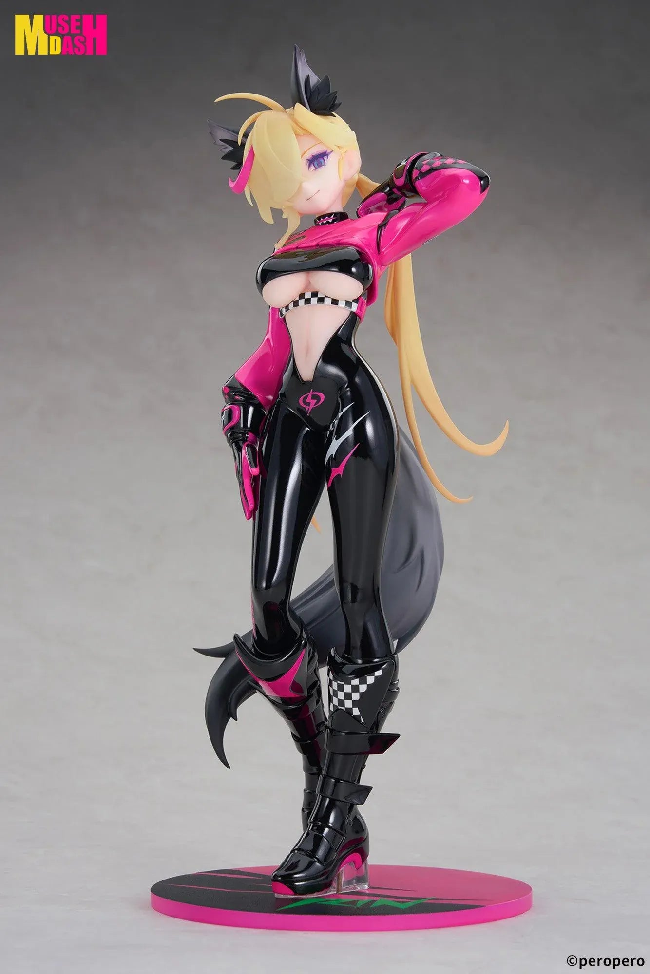 Muse Dash LIMEPIE Rin Racer 1/8 scale figure wearing a glossy black-and-pink racing outfit.