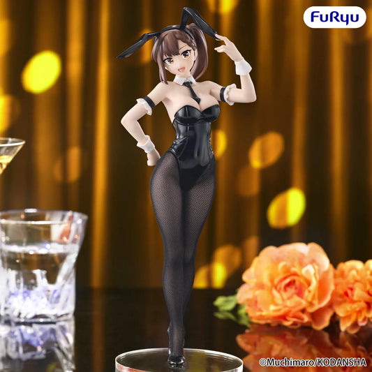 Hisako Kotobuki BiCute Bunnies figure wearing a glossy black bunny suit, long bunny ears, fishnet tights, and black heels.