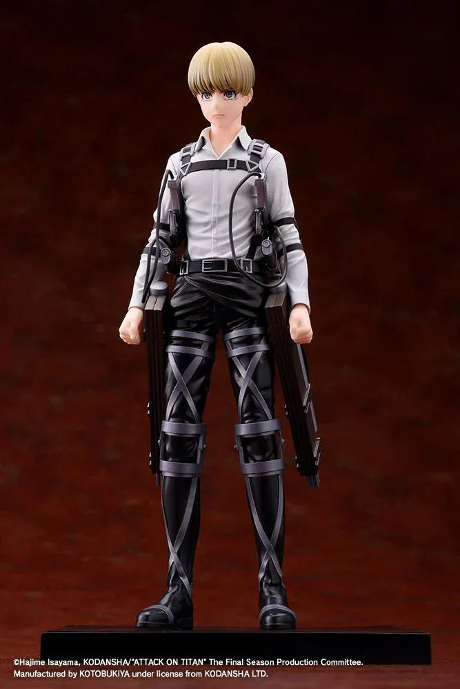 Armin Arlert The Final Season Ver. Oshi Works figure with blond hair, a gray shirt, black harness straps, and equipment on a rectangular black base.