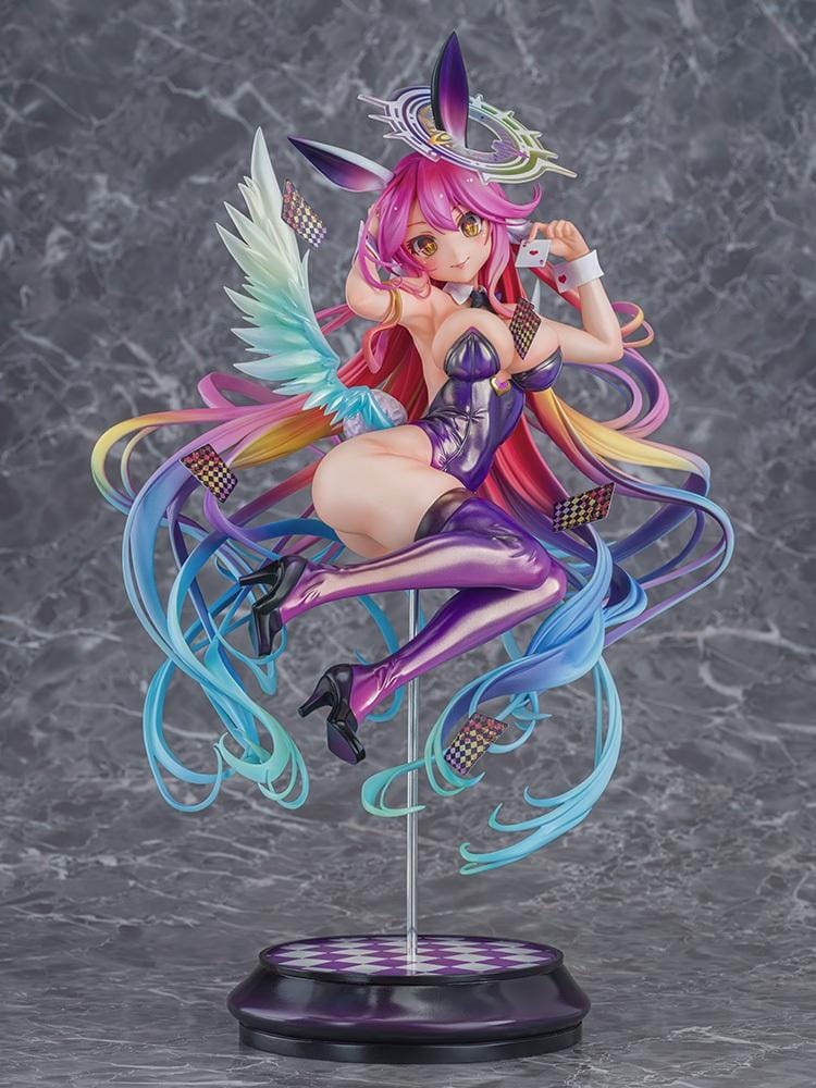 No Game No Life Jibril Bunny Ver. 1/6 Scale Figure featuring a pink-haired anime girl with flowing multicolored strands, golden eyes, purple bunny ears, a glossy purple bunny suit, thigh-high stockings, feathered wings, and a halo floating above a checkered display base.