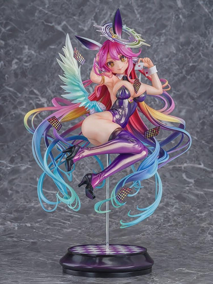 No Game No Life Jibril Bunny Ver. 1/6 Scale Figure featuring a pink-haired anime girl with flowing multicolored strands, golden eyes, purple bunny ears, a glossy purple bunny suit, thigh-high stockings, feathered wings, and a halo floating above a checkered display base.