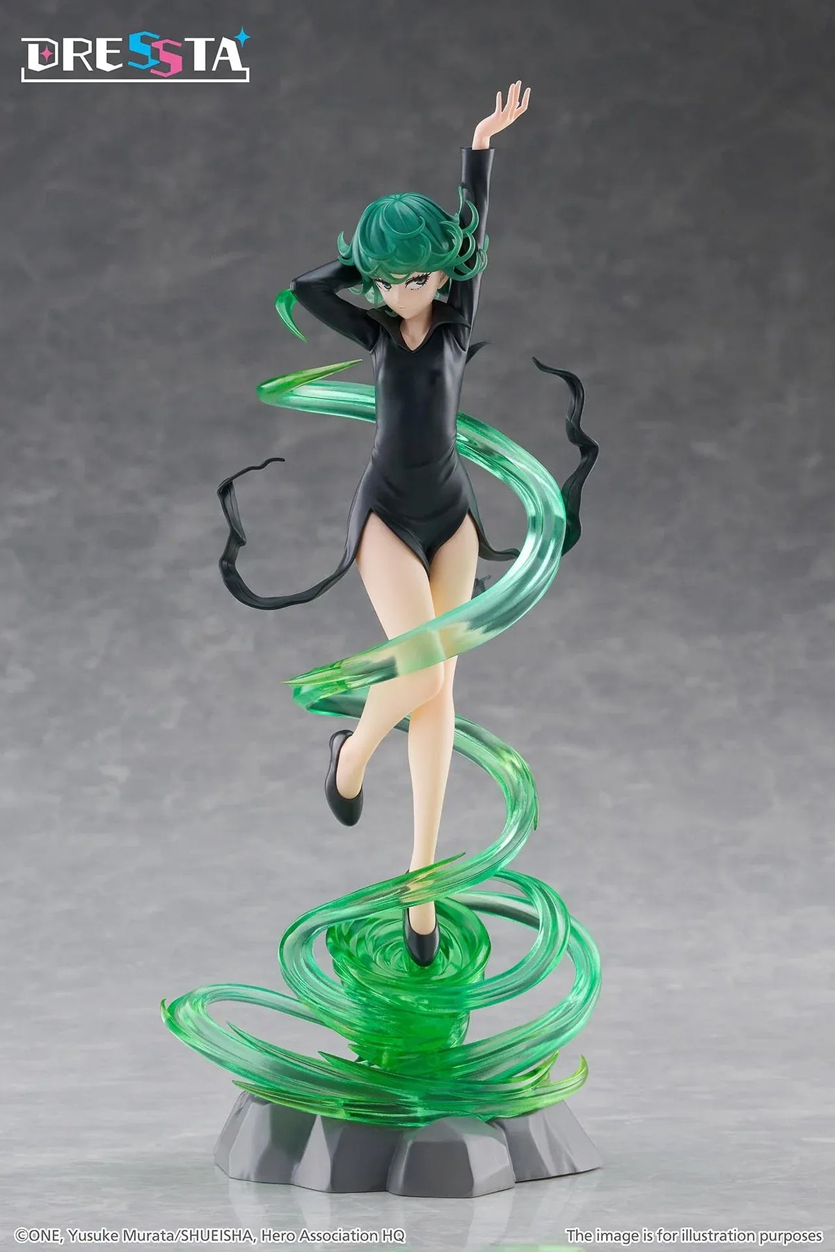 Terrible Tornado Dressta figure floating in a black dress surrounded by translucent green psychic energy effects on a rocky base.