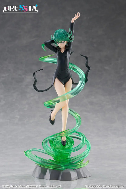 Terrible Tornado Dressta figure floating in a black dress surrounded by translucent green psychic energy effects on a rocky base.