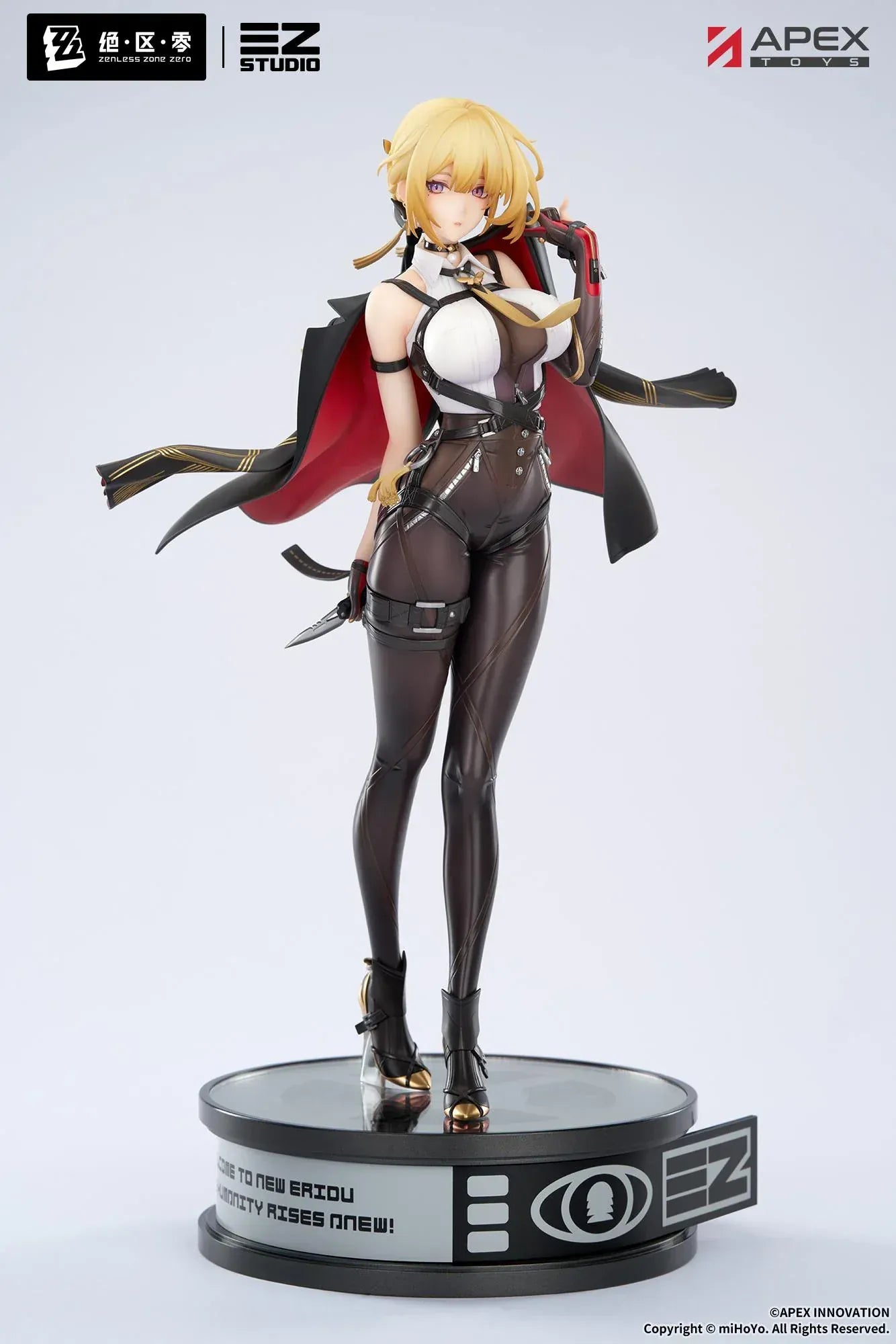 Zenless Zone Zero Evelyn Chevalier 1/7 scale figure by APEX Toys standing on display base wearing black combat outfit with red-lined cape.