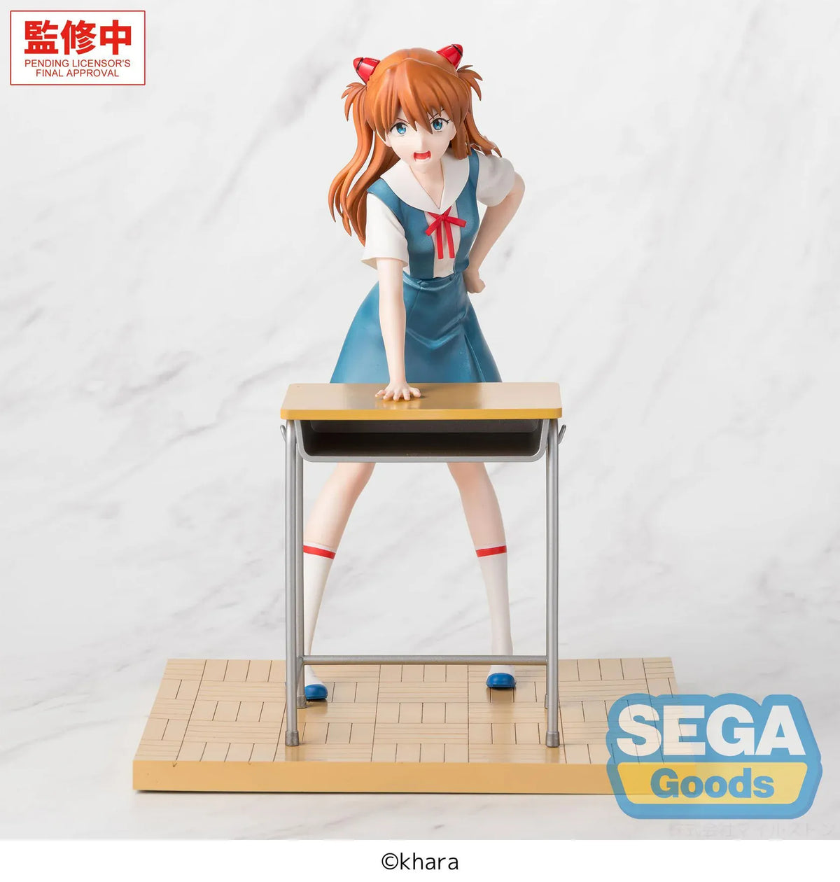 XStellar Asuka Shikinami Langley Uniform Ver. figure leaning on a school desk, wearing a blue and white uniform, on a parquet-style floor base.
